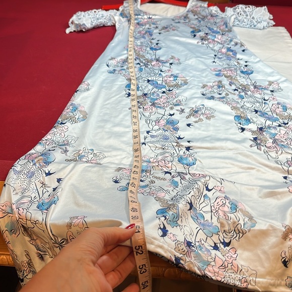 BLUE Japanese pink plants COLD open SHOULDER V neck coquette MAXI DRESS Asian M - Picture 11 of 16